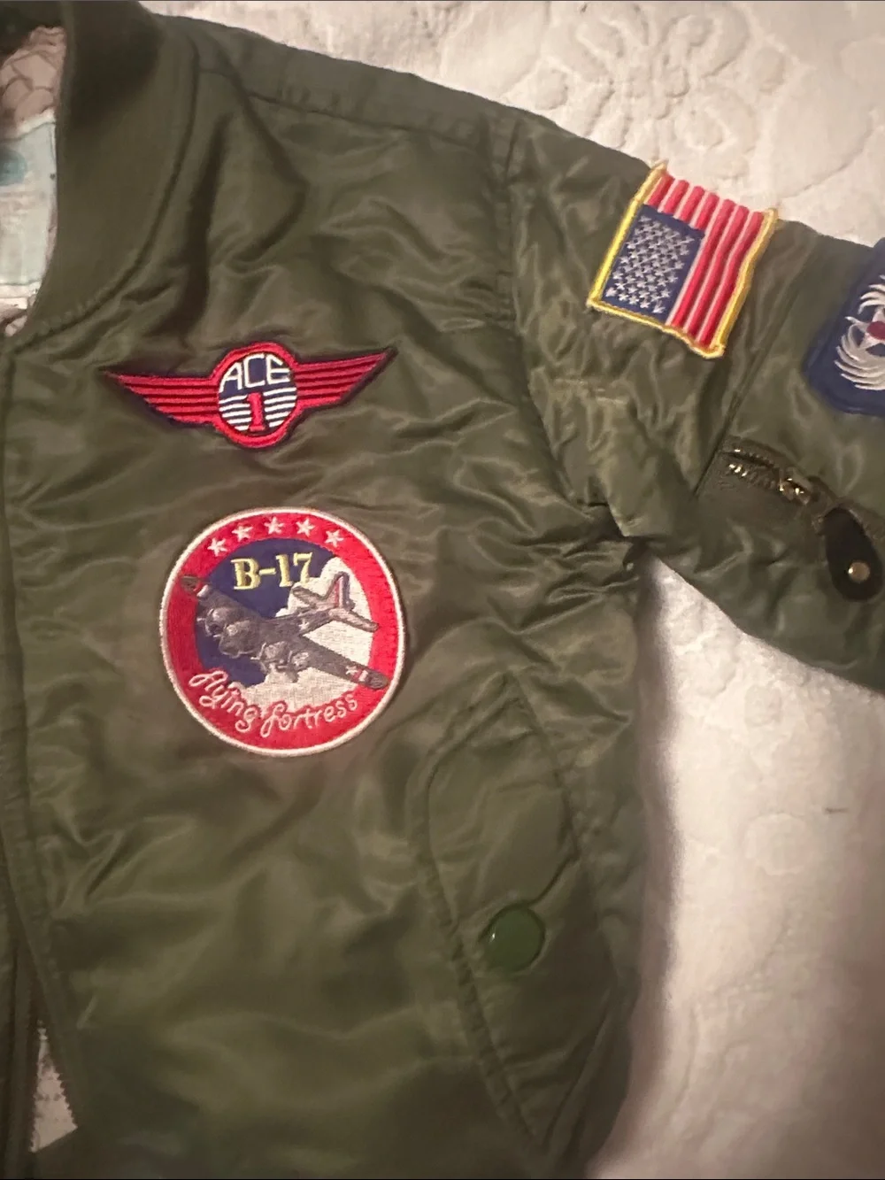 Kids Olive Green Patchwork Flight Puffer Jacket with Patches
